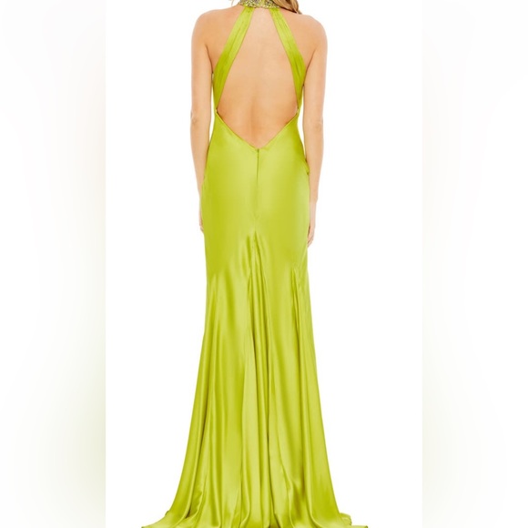 NWT | Mac Duggal 68063 Beaded Halter Neck Satin Mermaid Open Back‎ Gown Lime 2 - Picture 2 of 7